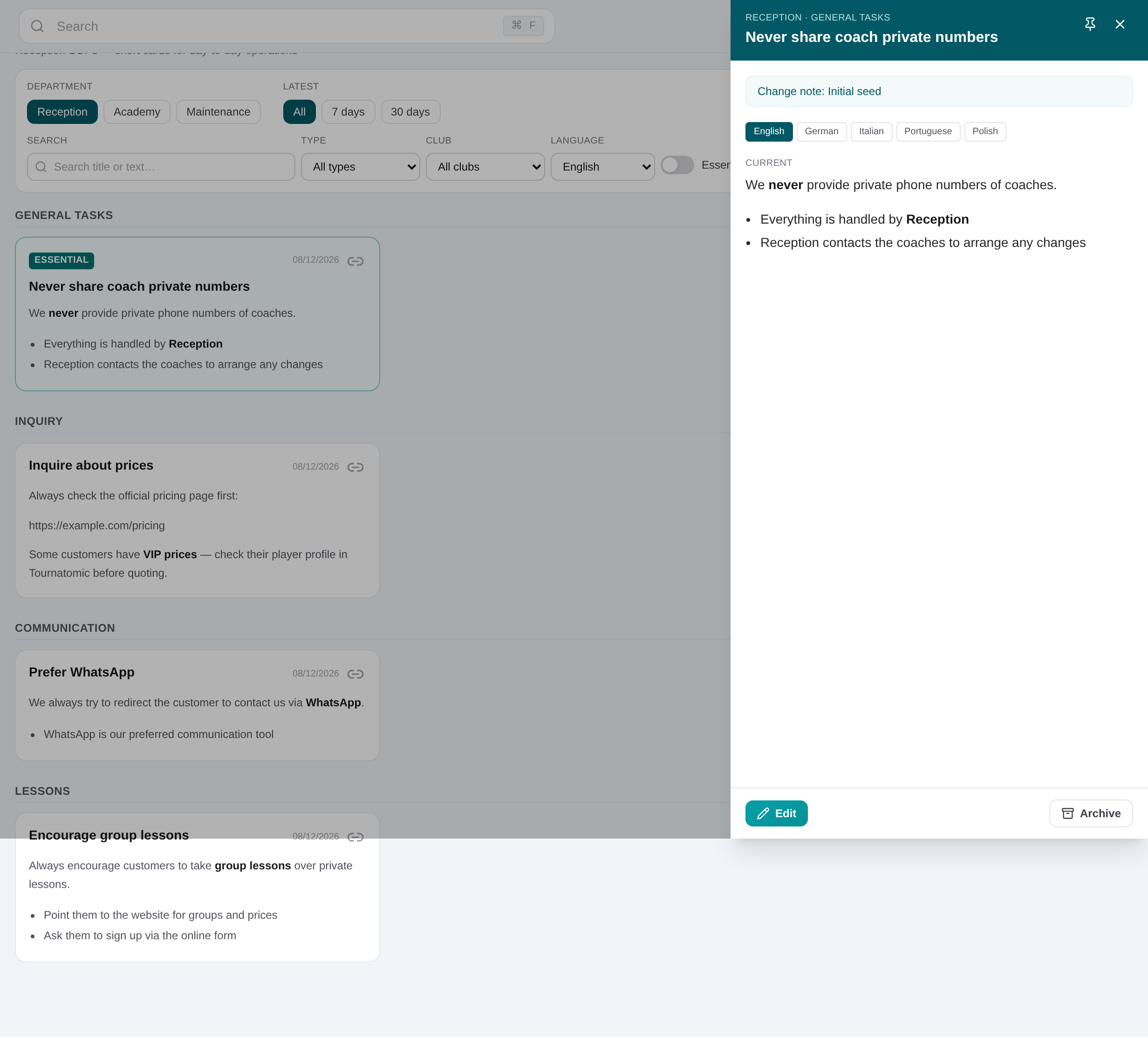 Procedure detail panel showing actionable club operating guidance