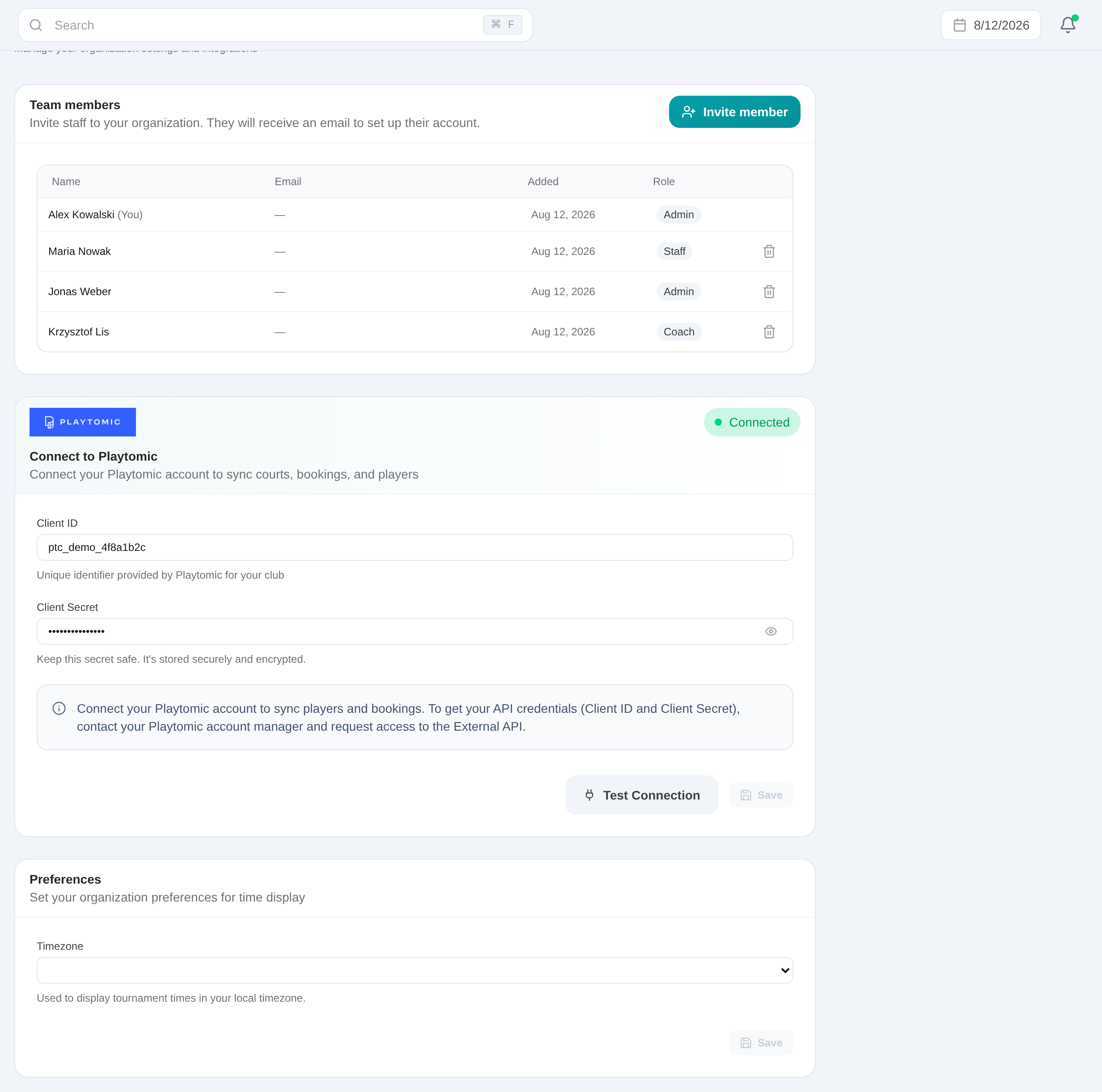 Organization Settings screen for inviting and managing team members