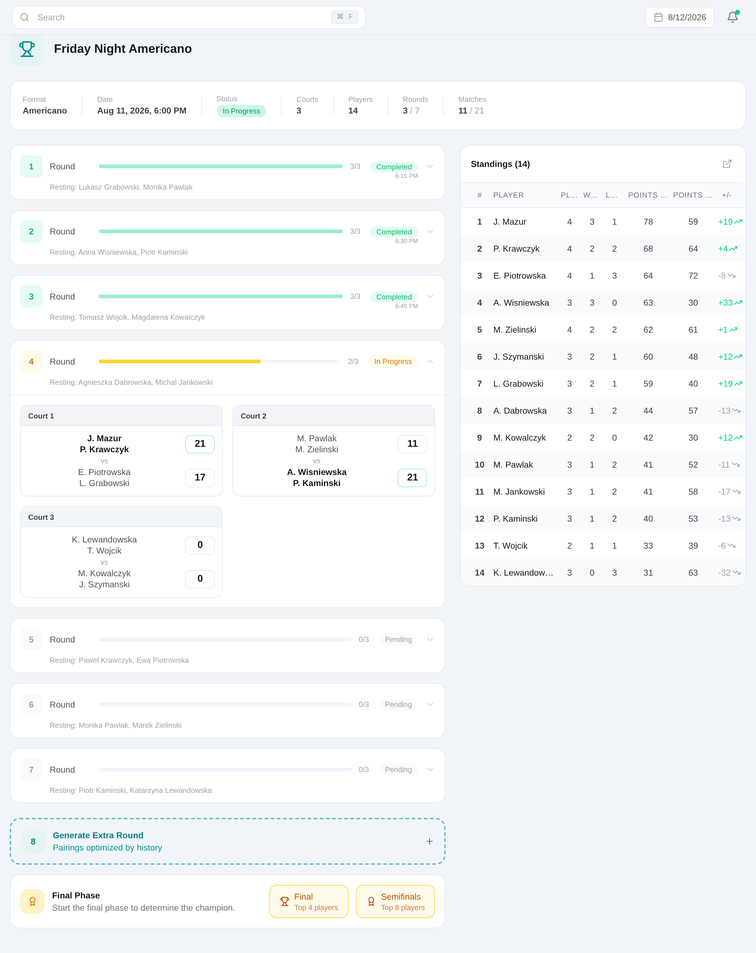 Live tournament dashboard with rounds, courts and score entry